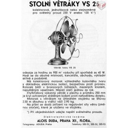 Stolní větrák VS 25, DUDA - Alois Duda, Elektrotechnická továrna, Praha Vinohrady