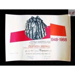 Diplom k čestné medaily, r. 1988, ČSSR